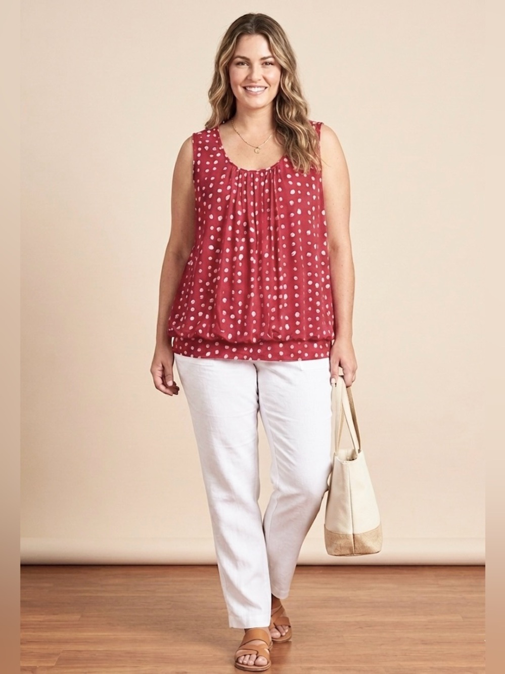 Worthington Woman Banded Hem Bloused Polka Dot Tank Top 1X Dark Coral